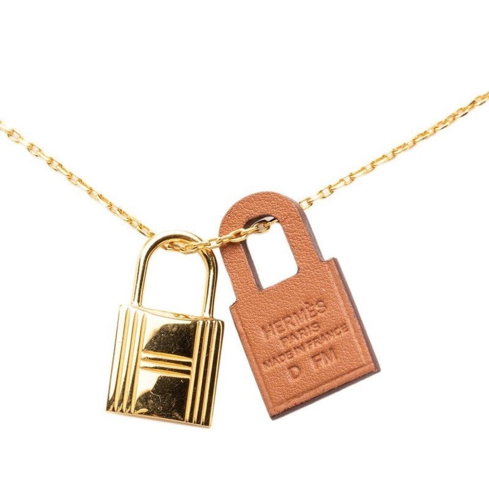 Hermes O'Kelly PM Chain Pendant Necklace Brown Gold Leather Plating